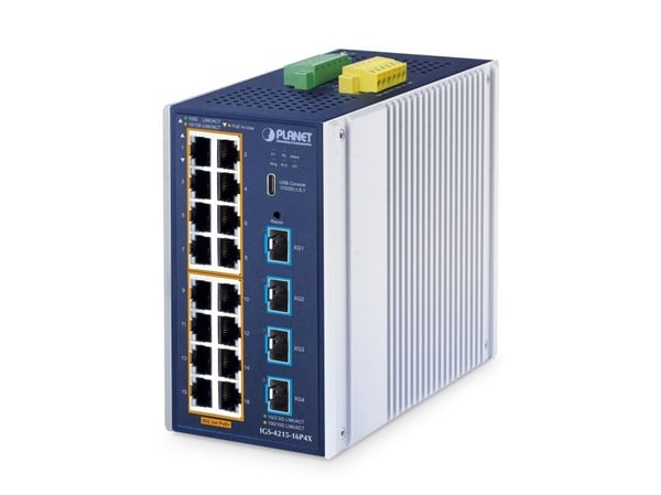 PLANET ndustrial L2+ 16-porttinen 10/100/1000T 802.3at PoE + 4-porttinen 10G SFP+ Hallittu Ethernet-kytkin, Hallittu, L2+, Gigabit Ethernet (10/100...