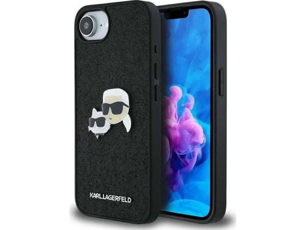 Karl Lagerfeld fast glitter Karl&Choupette-huvud metallnål-skal till iPhone 16e - svart