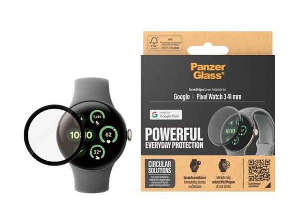 PanzerGlass - Skjermbeskyttelse for smart armbåndsur - ultrabred passform - glass - rammefarge svart - for Google Pixel Watch 3 (41 mm)