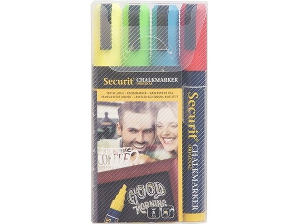 Securit 4 Pieces Liquid Chalk Marker Wallet Pack, Blue/Red/Green/White, Medium 2-6mm Nib, 4 pc, Blå, Grønn, Rød, Gult, Meisel, Luktfri, 4 stykker