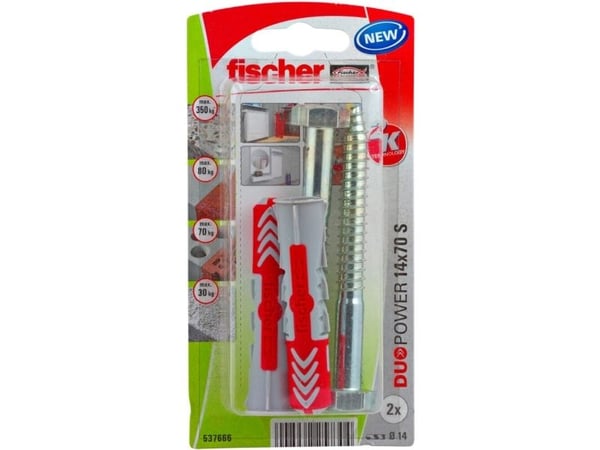 Fischer 537666, Kit med skruv och väggplugg, Tegel, Betong, 70 mm, 1,4 cm, 10 cm, 1 cm