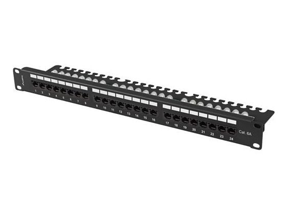 Lanberg - Koblingspanel - with shelf - rackmonterbar - CAT 6a - UTP - RJ-45 X 24 - RAL 9004, svart - 1U - 19"