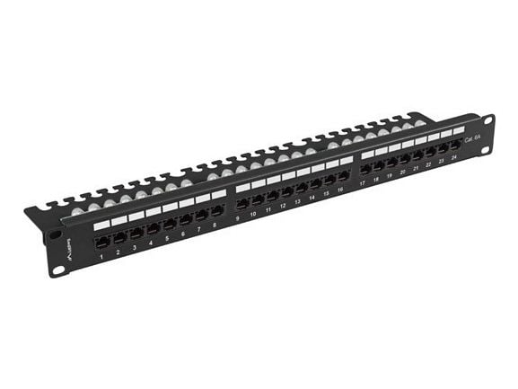 Lanberg - Koblingspanel - with shelf - rackmonterbar - CAT 6a - UTP - RJ-45 X 24 - RAL 9004, svart - 1U - 19"
