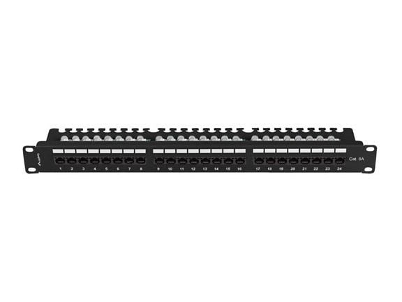 Lanberg - Koblingspanel - with shelf - rackmonterbar - CAT 6a - UTP - RJ-45 X 24 - RAL 9004, svart - 1U - 19"