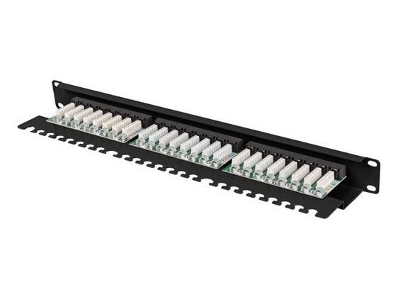 Lanberg - Koblingspanel - with shelf - rackmonterbar - CAT 6a - UTP - RJ-45 X 24 - RAL 9004, svart - 1U - 19"