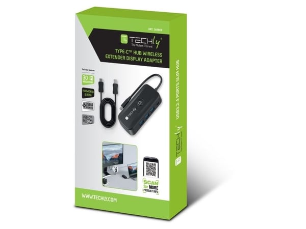 Techly IDATA USBC-HUB5WL, 1920 x 1080 piksler, AV-sender og -mottaker, 30 m, Trådløs, Svart, HDCP