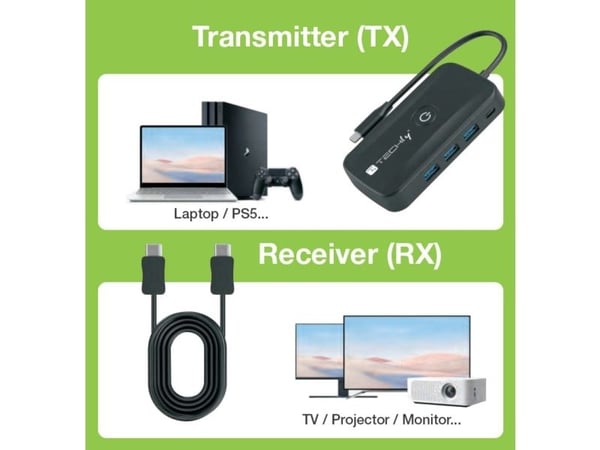 Techly IDATA USBC-HUB5WL, 1920 x 1080 piksler, AV-sender og -mottaker, 30 m, Trådløs, Svart, HDCP