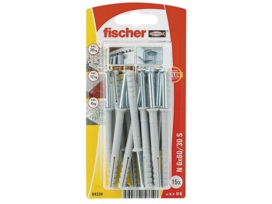 Fischer 84334, Skruer og plugger-sett, Lettbetong, Murstein, Betong, Metall, Plast, Grå, Sølv, PZ2, 60 mm