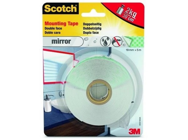 3M Scotch dobbeltsidig speilmonteringstape, 19mm x 5m sterkt lim, lastekapasitet: 30 cm for 2 kg, temperaturbestandig - 1 stk (40031950) 3M Scotch dobbeltsidig speilmonteringstape, 19mm x 5m sterkt lim, lastekapasitet: 30 cm for 2 kg, temperaturbestandig - 1 stk (40031950)