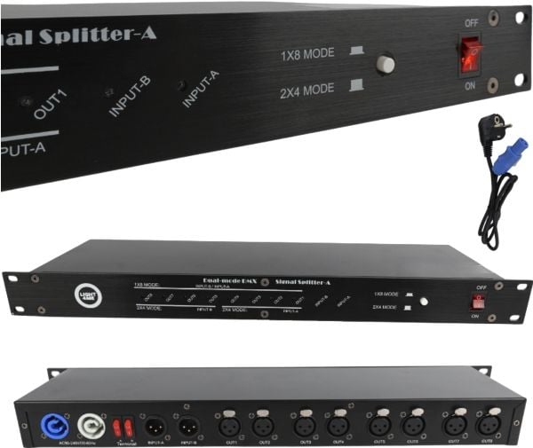 LIGHT4ME XSPLIT 2x4 DMX signal splitter 8-kanals rack 19" 1U to driftsmoduser
