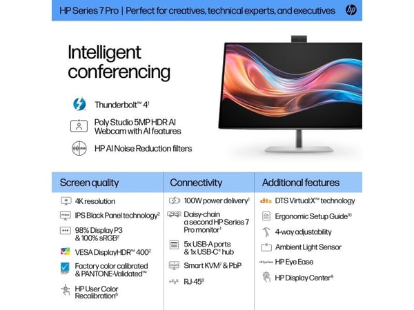 HP Series 7 Pro Serie 7 Pro 27-tommers 4K-konferanseskjerm – 727pm, 68,6 cm (27"), 3840 x 2160 piksler, 4K Ultra HD, LCD, 5 ms, Sølv