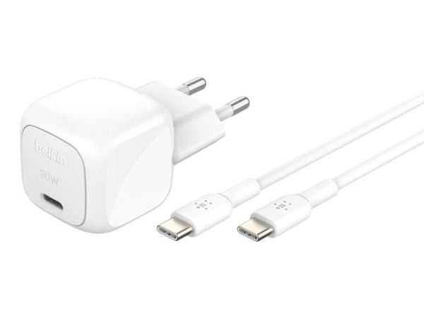 Belkin BoostCharge - Strømadapter - kompakt - 30 watt - Power Delivery 3.1 (USB-C) - på kabel: USB-C - med USB-C-kabel (1m)