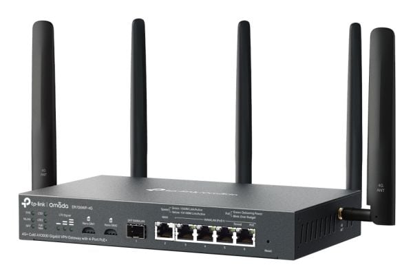 TP-Link Omada ER706WP-4G, Dobbelbånd (2.4 GHz / 5 GHz), Ethernet/bredbåndsforbindelse, 4G, Svart, Skrivebord/stolperuter
