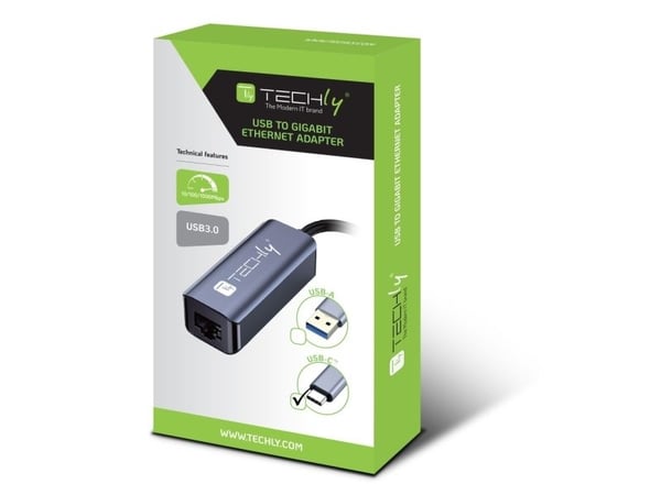 Techly IDATA USB-ETGIGA-CA, Koblet med ledninger (ikke trådløs), USB 3.2 Gen 1 (3.1 Gen 1) Type-C, 10,100,1000 Mbit/s, Svart, Sølv, Aluminium, USB