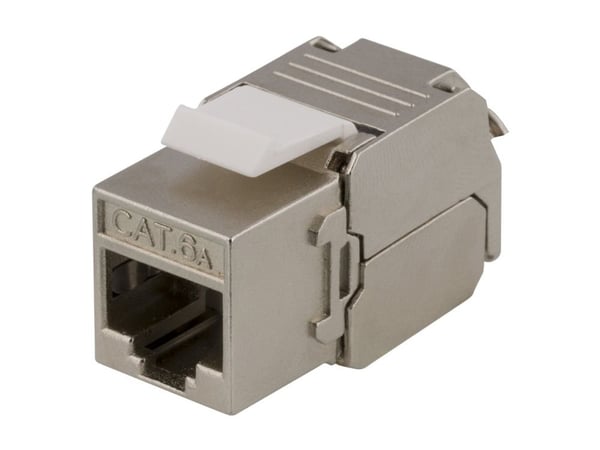 Deltaco Cat6a suojattu Keystone-liitinmoduuli, muovia, valk./met.väri, Tasainen, Hopea, RJ-45, RJ-45, Naaras, Naaras