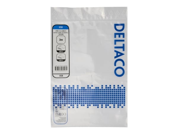 Deltaco USB-C C-C active cable, 10Gbps, 3A, 3m, 3 m, USB C, USB C, USB 3.2 Gen 2 (3.1 Gen 2), 10 Gbit/s, musta