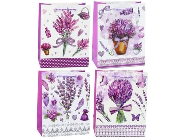 Lean gavepose i papir Lavendel med glitrende detaljer 23 x 18 x 10,5 cm