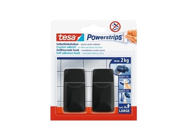 TESA Powerstrips, Sisätila, Yleiskoukku, musta, Polystyreeni (PS), Liimateippi, Suorakulmio