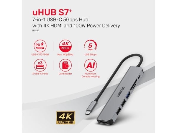 UNITEK HUB USB-C 7IN1, HDMI 4K, PD 100W, 5GBPS, ALU