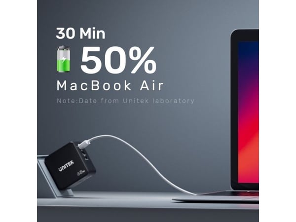 Unitek - Strømadapter - GaN - 65 Wh - 3.25 A - PD, QC 3.0 - 2 utgangskontakter (USB, 2 x USB-C) - svart