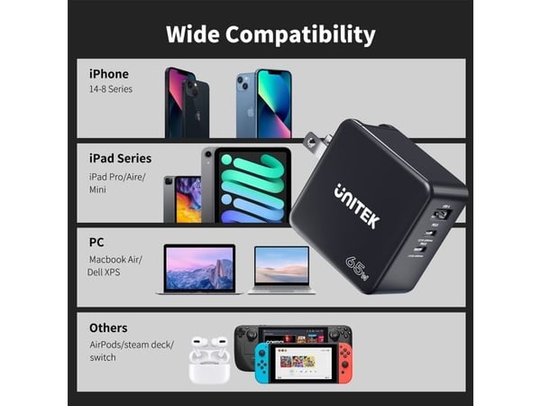 Unitek - Strømadapter - GaN - 65 Wh - 3.25 A - PD, QC 3.0 - 2 utgangskontakter (USB, 2 x USB-C) - svart