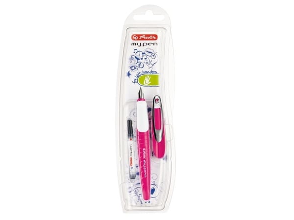 Herlitz skole fyllepenn my.pen L-spiss rosa/hvit - rosa - hvit - patronfyllingssystem - blå - gummi - rustfritt stål - venstrehendt (50046812)