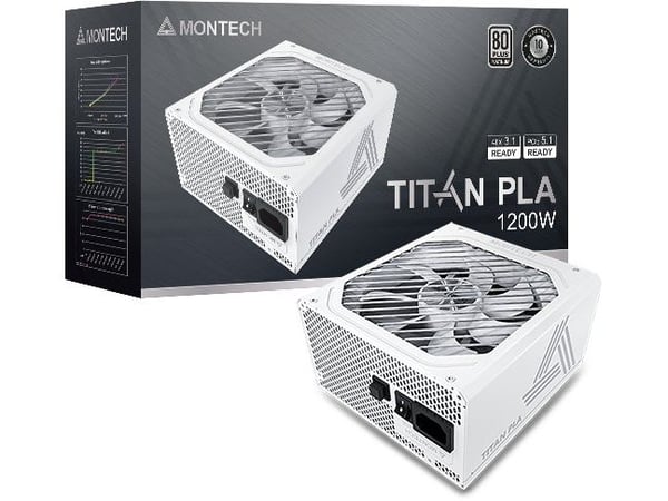 Montech Titan PLA 1200W - 80 PLUS &amp; Cybenetics Platinum virtalähde, modulaarinen, PCIe 5.1 - 1200 Watt, valkoinen