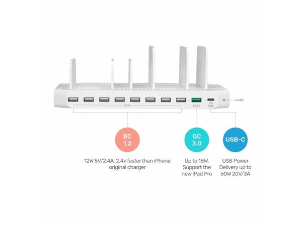 Charging station Unitek Y-2190, 10 x USB; QC3.0; USB-C Power Delivery; 160W