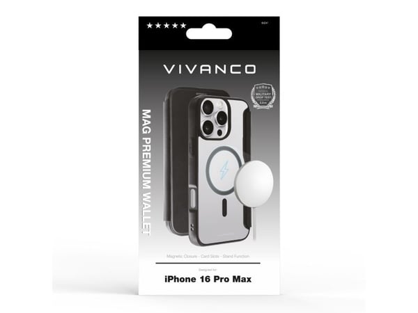 Vivanco Mag Premium, Lommebok-etui, Apple, iPhone 16 Pro Max, 17,5 cm (6.9"), Svart