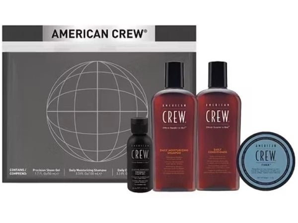 American Crew Essential set: Daily hårbalsam 100 ml + Daily hårschampo 100 ml + Fiber hårstylingpomada 50 ml + Precision soothing rakgel 50 ml