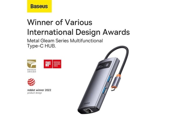 Baseus Metal Gleam, langallinen, USB 3.2 Gen 1 (3.1 Gen 1) Type-C, 100 Mbit/s, harmaa, 5 Gbit/s, alumiini