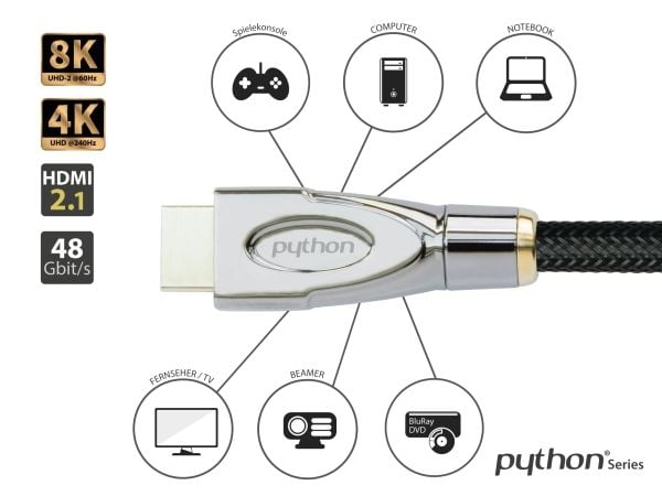 Kabel PYTHON Python HDMI« 2.1 Kabel 8K UHD-2 Nylongeflecht schwarz 1,5m
