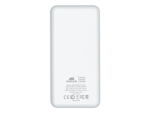 Rivacase VA2572, 20000 mAh, Lithium Polymer (LiPo), Quick Charge 3.0, 3,7 V, 20 W, Hvit