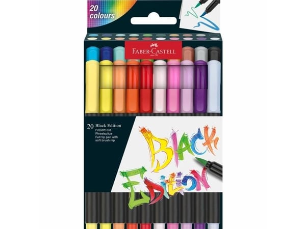 FABER-CASTELL kuitukärkikynät Black Edition, laatikollinen 20 kpl Elintarvikeväriainepohjainen muste, pestävä - 1 kpl (116452)