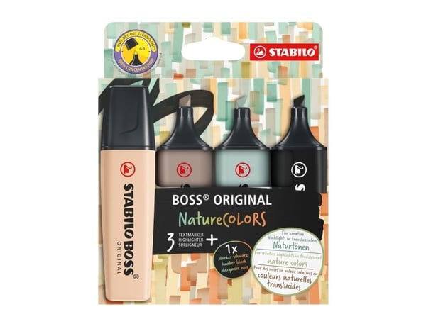 STABILO BOSS ORIGINAL NatureColors, 4 styck, Beige, Svart, Grön, Ljusgrå, 18 År, Mejselspets, Multifärg, Plast