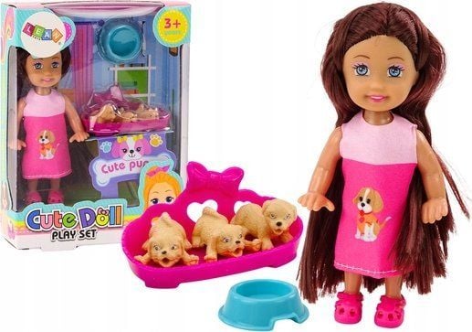 LeanToys mini dukke langt hår kjole tre hunder liggeplass