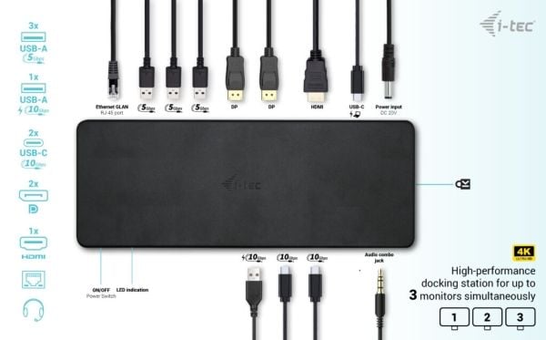 i-Tec - Dokkingstasjon - USB-C 3.2 Gen 2 / Thunderbolt 3 / Thunderbolt 4 - HDMI, 2 x DP - 1GbE - 100 watt - Europa