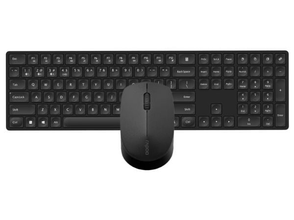 Rapoo 8020M, Fullstor (100 %), Trådlös, Trådlös RF + Bluetooth, QWERTY, Svart, Mus inkluderad