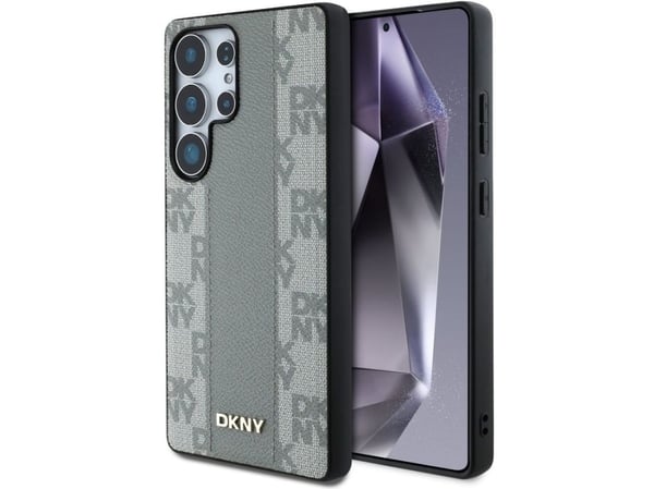 DKNY lærveske med rutemønster og MagSafe til Samsung Galaxy S25 Ultra, taupe