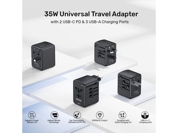 UNITEK P1121ABK01, Universell, Universell, Type C (Europlug), Type G (UK), Type I (AU), Type C, Type G (UK), Type I (AU), 100 - 250 V, 50/60 Hz