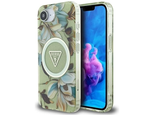 Guess IML Metal Glitter Flowers Triangle MagSafe iPhone 16e-deksel – grønn Guess IML Metal Glitter Flowers Triangle MagSafe iPhone 16e-deksel – grønn