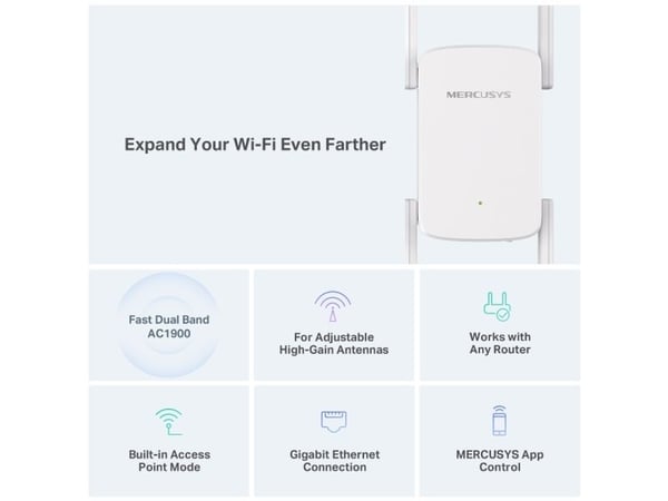 Mercusys ME50G, Gjentaker, 1900 Mbit/s, 10,100,1000 Mbit/s, Utvendig, 10/100/1000Base-T(X), IEEE 802.11a, IEEE 802.11ac, IEEE 802.11b, IEEE 802.11g...