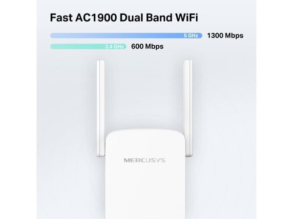 Mercusys ME50G, Gjentaker, 1900 Mbit/s, 10,100,1000 Mbit/s, Utvendig, 10/100/1000Base-T(X), IEEE 802.11a, IEEE 802.11ac, IEEE 802.11b, IEEE 802.11g...