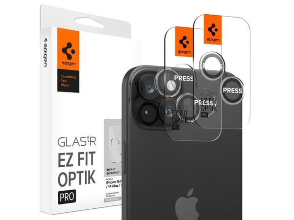 Spigen GLAS.tR EZ Fit Optik Pro, Apple, iPhone 15 / 15 Plus / 14 / 14 Plus, Ripebestandig, Gjennomsiktig, 2 stykker