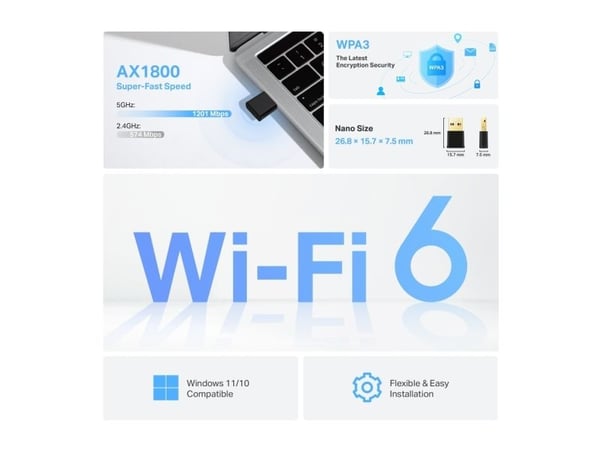 TP-Link Archer TX20U Nano, Trådløs, USB, WLAN, Wi-Fi 6 (802.11ax), 1800 Mbit/s, Svart