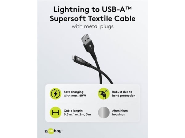 Goobay 74503, 1 m, Lightning, USB A, urosliitin, urosliitin, musta