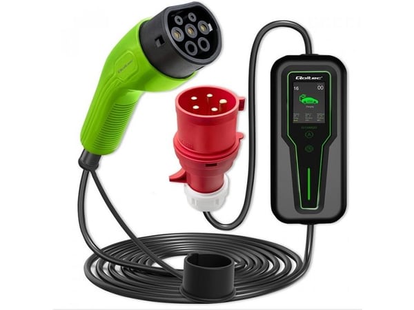 Qoltec Mobiililaturi sähköautoille 2in1 säädettävä Type2 | 11kW | 3 Phases | CEE 5 PIN | LCD | Kannettava | Wallbox | 5m