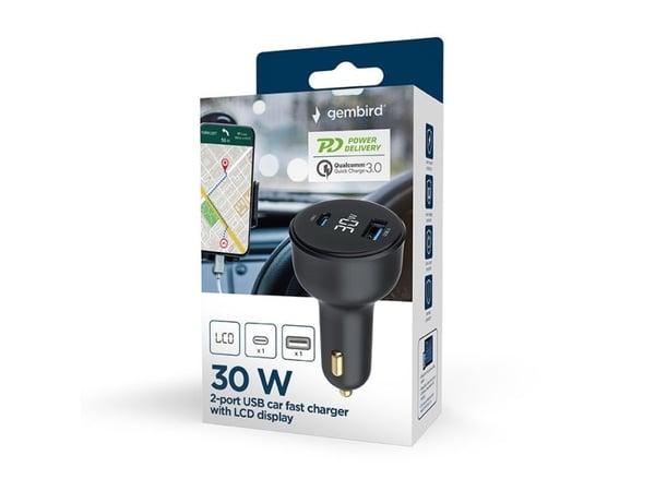 GEMBIRD GEMBIRD Rapid autolaturi 2x USB Type-C PD LCD 30 W musta
