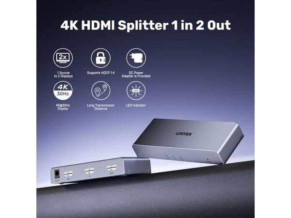 UNITEK V1130A01-EU, HDMI, 2x HDMI, 1.4b, 3840 x 2160 piksler, Grå, Metall