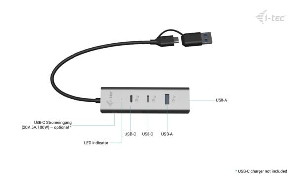 i-Tec - Keskitin - yleislataus, metalli - 2 x USB-C 3.2 Gen 1 + 2 x USB 3.2 Gen 1 + 1 x USB-C (virtalähde) - työpöytätietokoneet